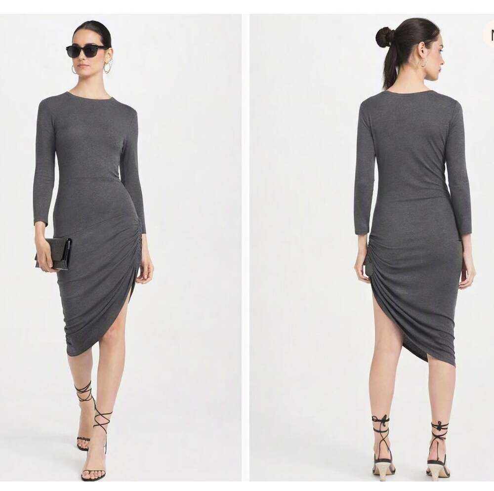 Norma Kamali Gray 3/4 Sleeve Side Draped Crewneck Dress Size Large Ruched Jersey